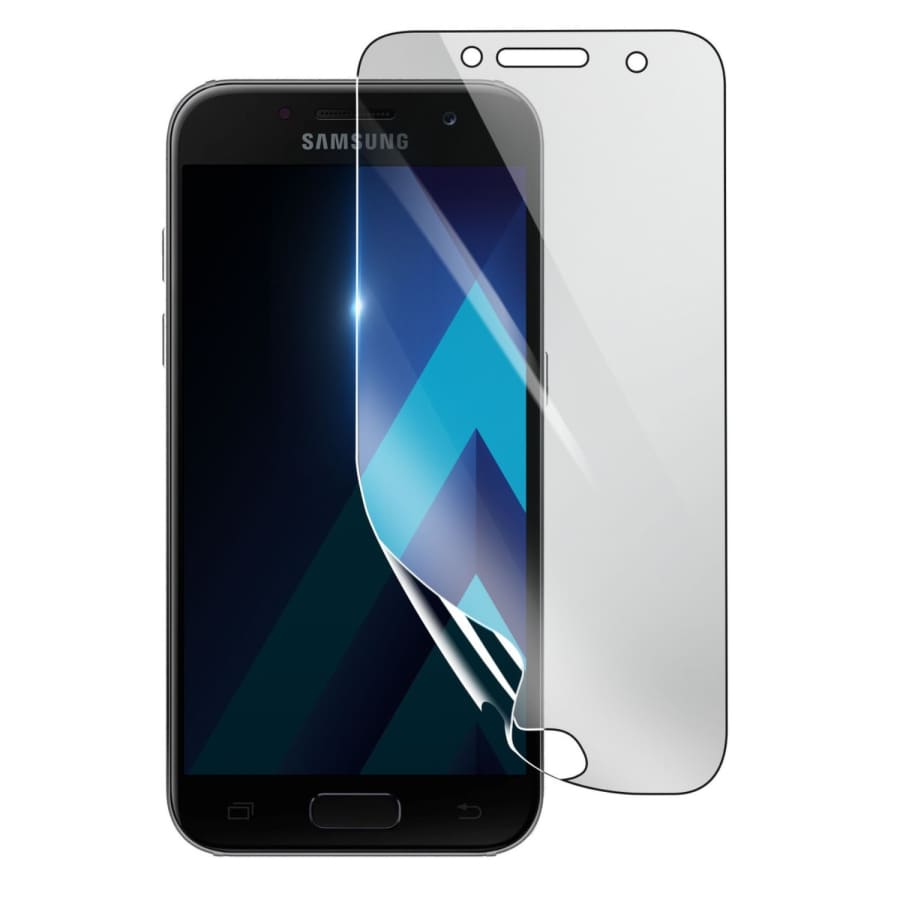 Hydrogel screen protector for Samsung Galaxy A3 (2017) by 9eight5, showing a clear, flexible film covering the phone screen.