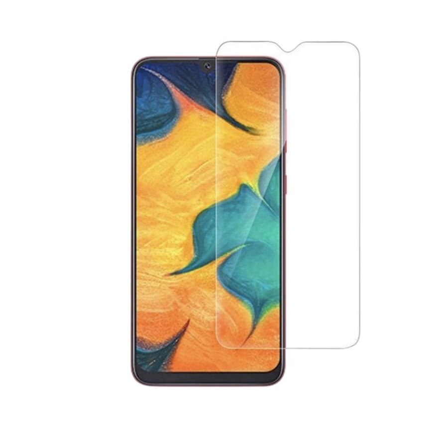 Clear 9eight5 screen protector on Samsung Galaxy A30S showing full coverage and precise fit for the device's screen.