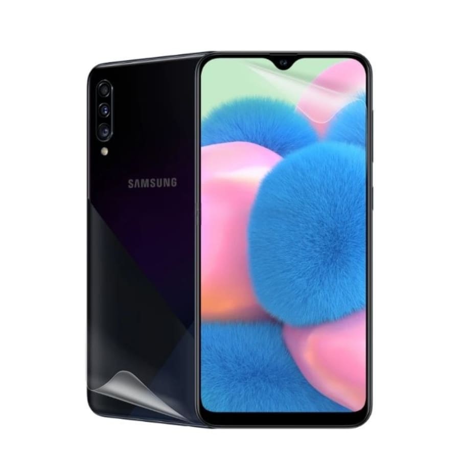 Hydrogel screen protectors for Samsung Galaxy A30S by 9eight5, pack of 2, showing clear, flexible protectors on phone screens