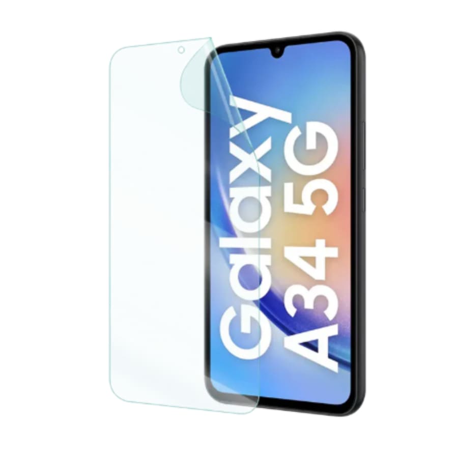 Hydrogel screen protector for Samsung Galaxy A34 by 9eight5, showing a clear, flexible film covering the phone screen.
