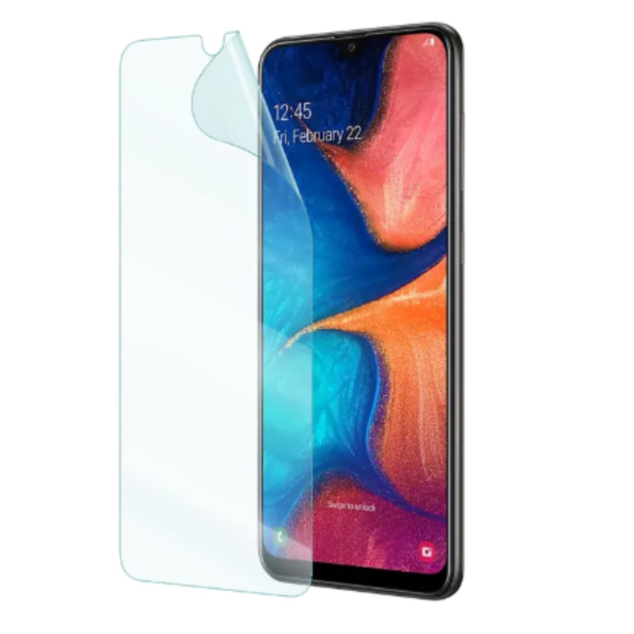 Hydrogel screen protector for Samsung Galaxy A50 and A50S by 9eight5, showing a clear, flexible film covering the phone screen.