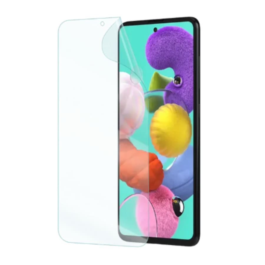 Hydrogel screen protector for Samsung Galaxy A51 5G by 9eight5, showing the transparent protective layer on the phone screen.