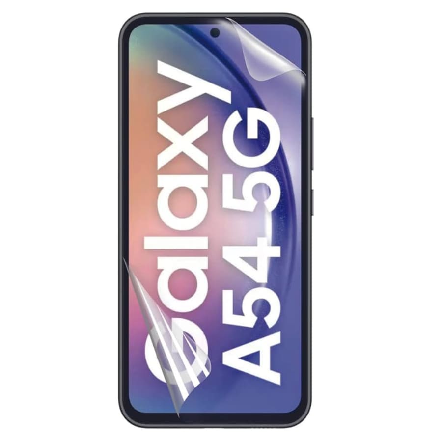 Hydrogel screen protectors for Samsung Galaxy A54 by 9eight5, pack of 2, showing clear, flexible protective film on phone screen.