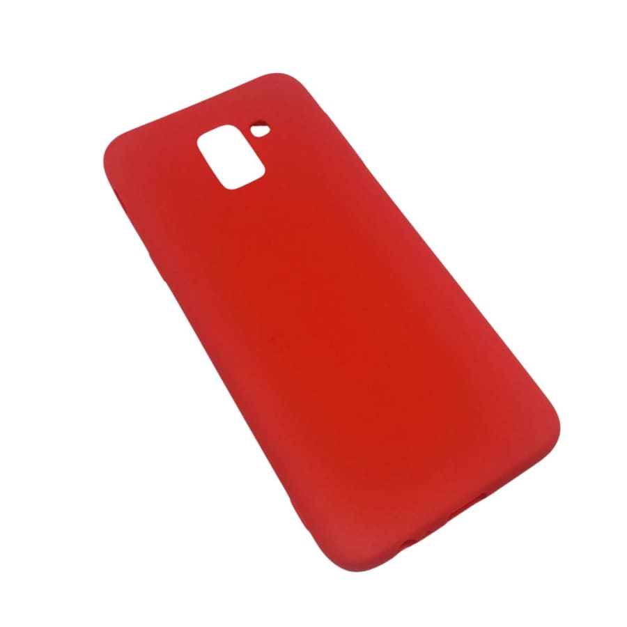Red silicone case for Samsung Galaxy A6 (2018) by 9eight5, showing a snug fit and smooth texture.