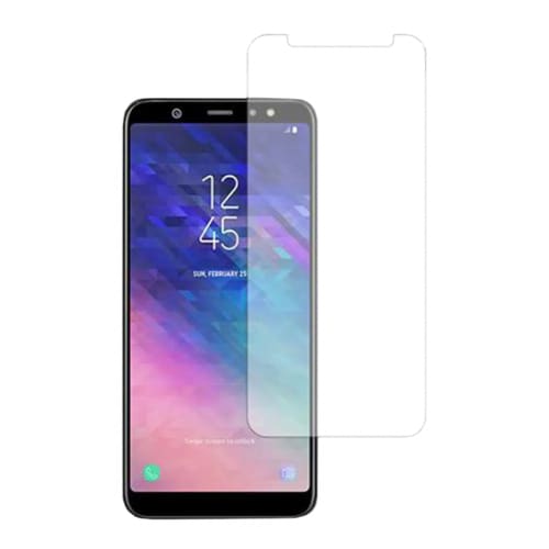 Clear 9eight5 screen protector for Samsung Galaxy A6 (2018), showing front view with protective film and precise cutouts