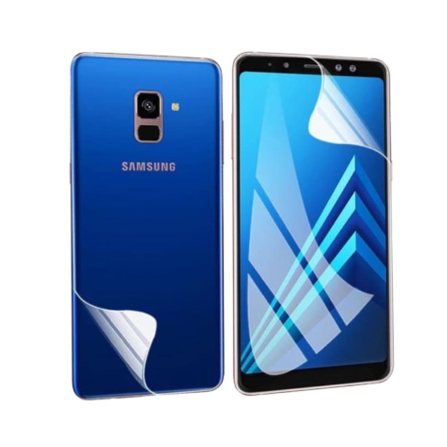 Set of two 9eight5 hydrogel screen protectors for Samsung Galaxy A6 Plus (2018) showing clear, flexible film covering the screen area.