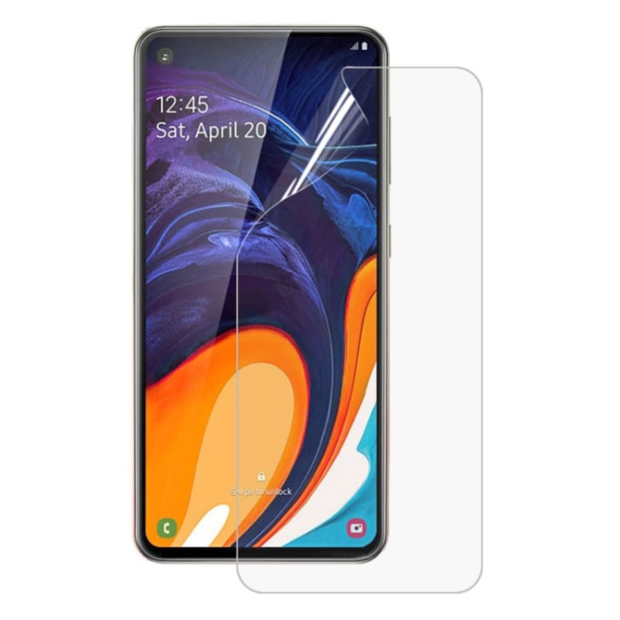 Hydrogel screen protectors for Samsung Galaxy A60 by 9eight5, pack of 2, showing clear, flexible protection for the phone screen.
