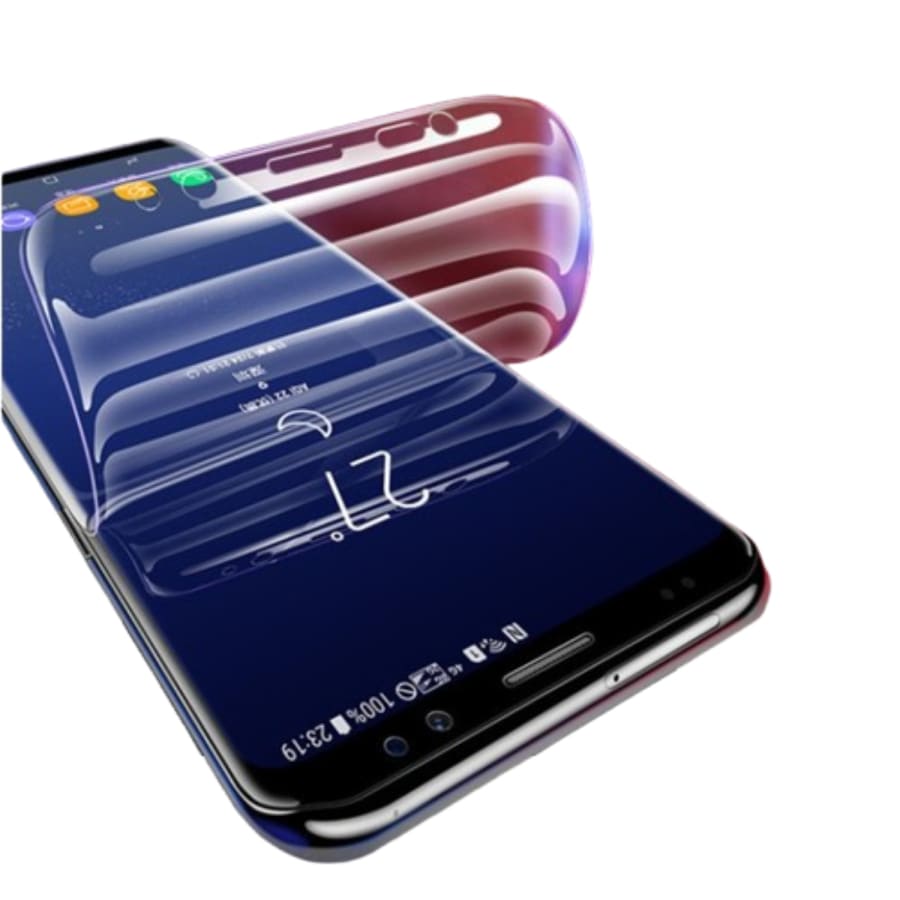 Hydrogel screen protector for Samsung Galaxy A7 (2017) by 9eight5, showing a clear, flexible film fitting the phone screen.