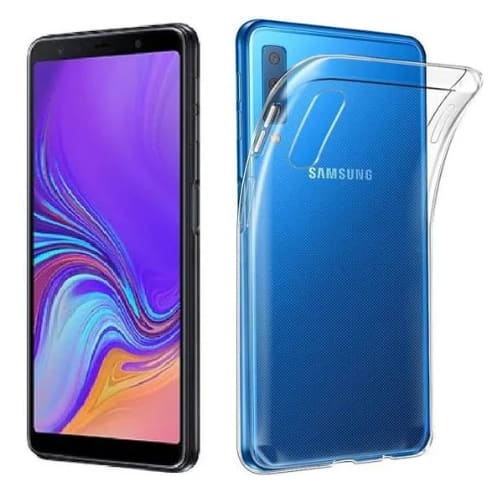 Clear protective case for Samsung Galaxy A7 (2018) by 9eight5, showing transparent design on a smartphone.