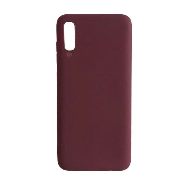 Maroon silicone phone case for Samsung Galaxy A70 by 9eight5, showing smooth texture and precise cutouts.