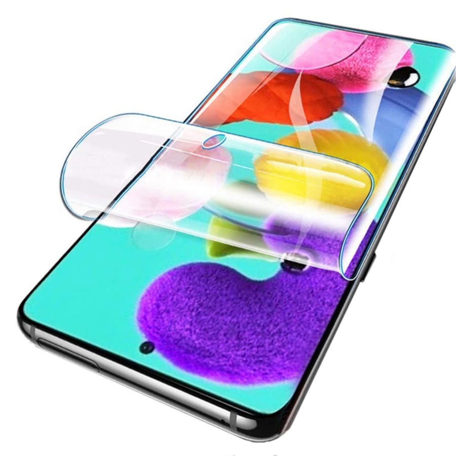 Hydrogel screen protectors for Samsung Galaxy A70 by 9eight5, pack of 2, showing the transparent protectors on the phone screen