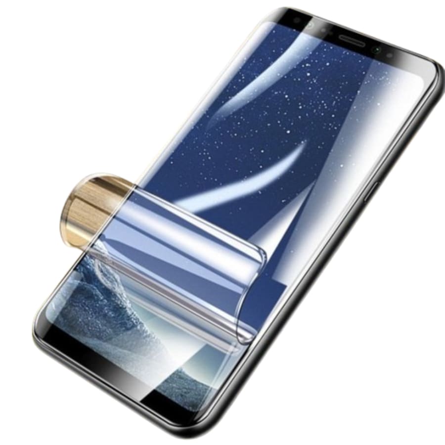 Hydrogel screen protector for Samsung Galaxy A8 Plus 2018 by 9eight5 showing clear, flexible film fitting the phone screen.