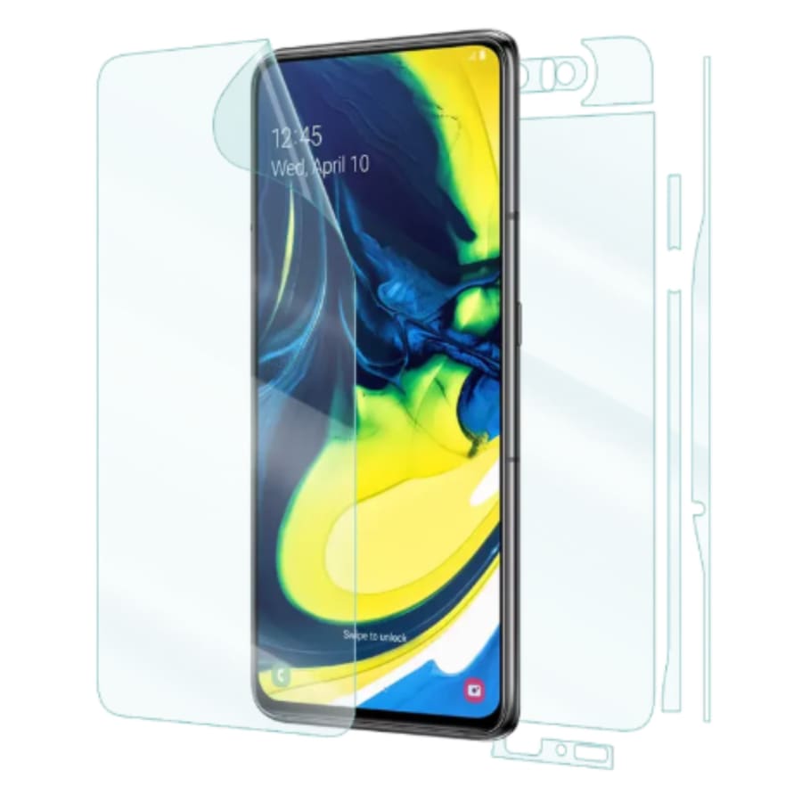 Hydrogel screen protector for Samsung Galaxy A80 and A90 by 9eight5, pack of 2, showing clear, flexible film on phone screen.