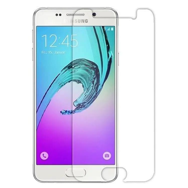 Clear 9eight5 screen protector for Samsung Galaxy A9 (2016) with precise fit and anti-scratch surface, shown on the phone screen.