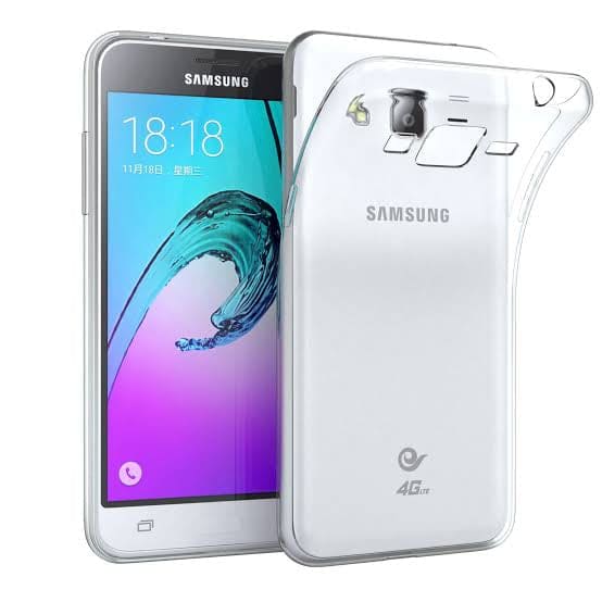 Clear silicone case for Samsung Galaxy J3 (2016) by 9eight5, showing the slim, transparent protective cover on the phone.