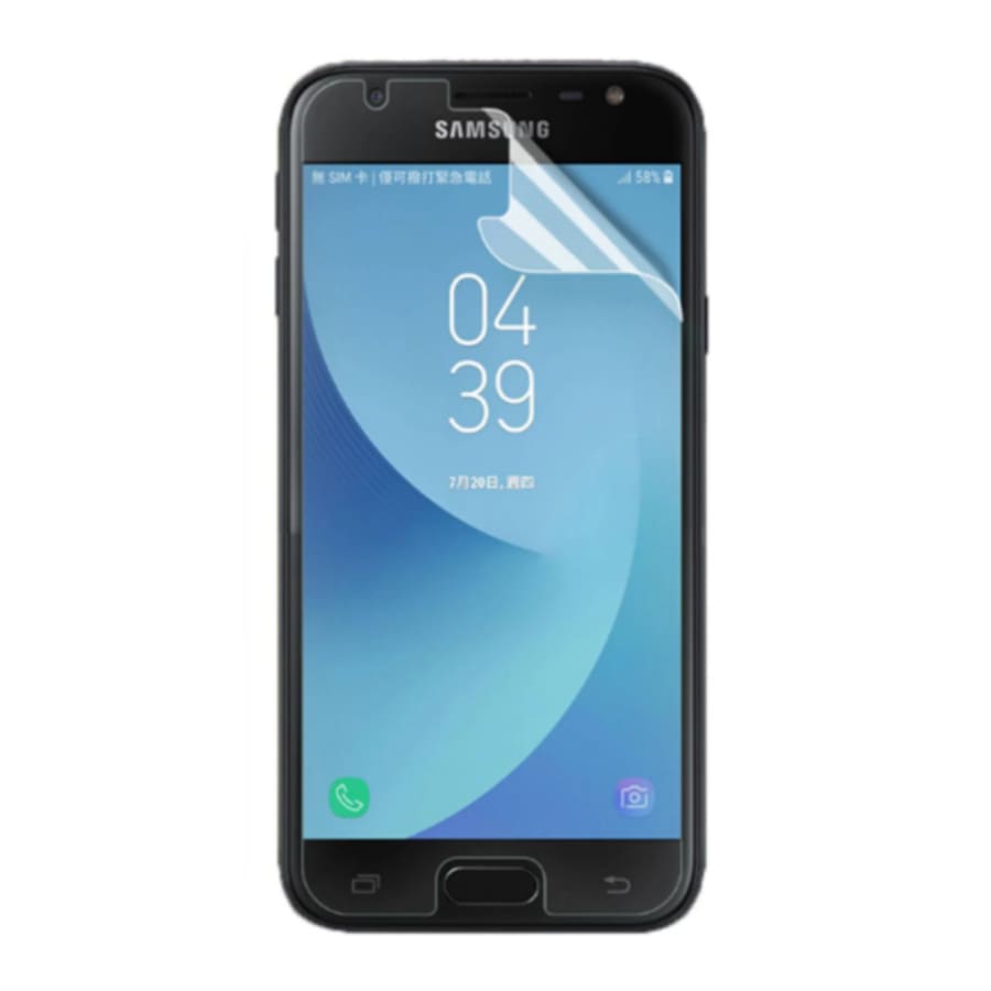 Two 9eight5 hydrogel screen protectors for Samsung Galaxy J3 Prime, clear and flexible protection for the smartphone screen.