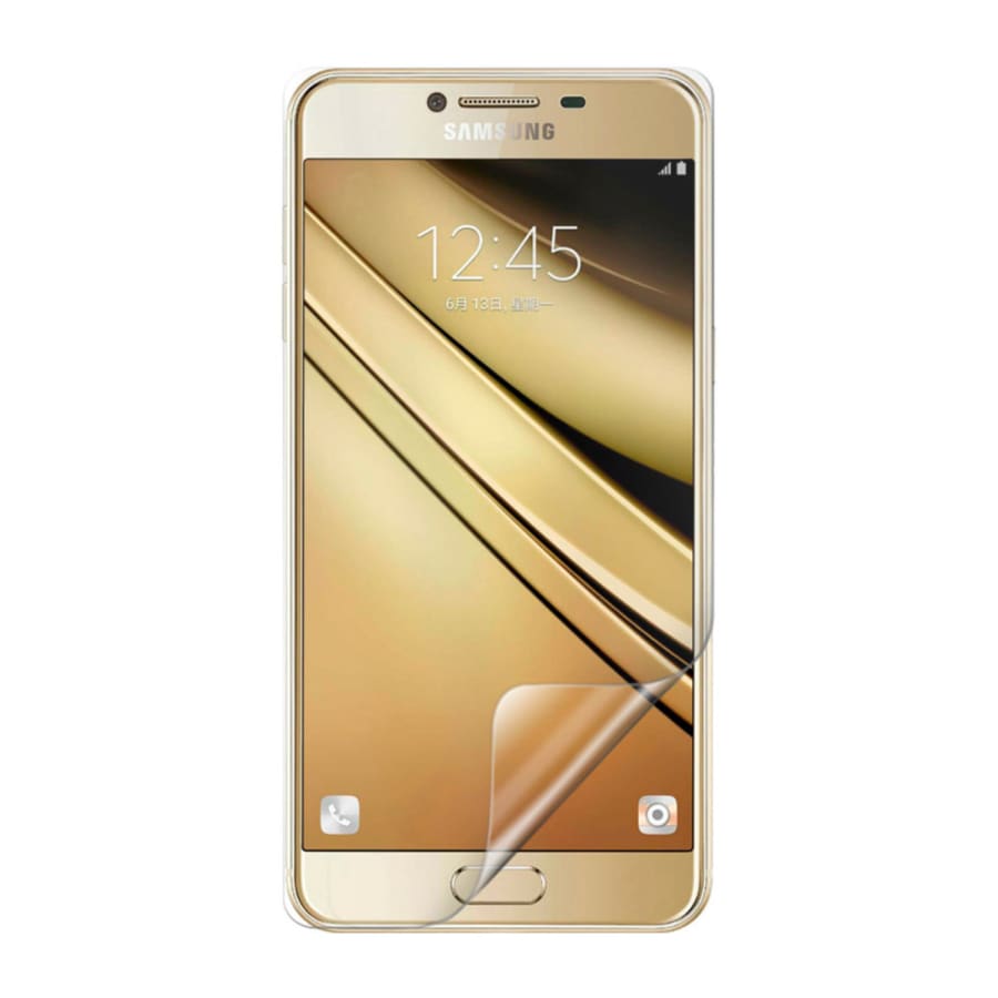 Hydrogel screen protector for Samsung Galaxy J4 (2018) by 9eight5, showing a clear, flexible protective layer on the phone screen.