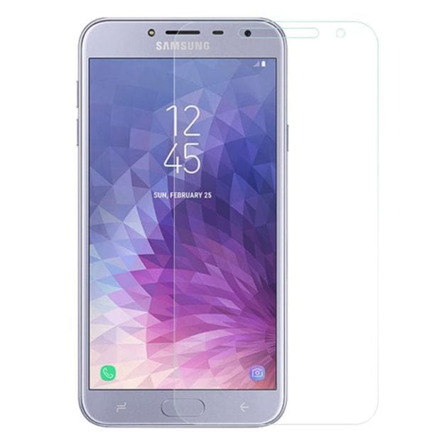 Clear 9eight5 screen protector on Samsung Galaxy J4 (2018), providing protection and screen clarity for the smartphone.