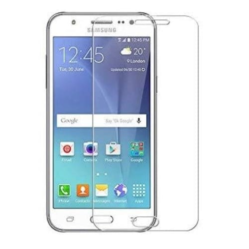 9eight5 screen protector for Samsung Galaxy J5 (2015), clear front cover showing fitting onto phone screen.