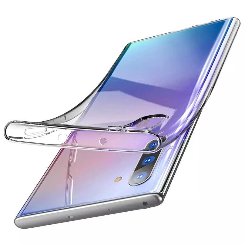 Clear silicone case for Samsung Galaxy Note 10 by 9eight5, showcasing slim, flexible protection with transparent design.
