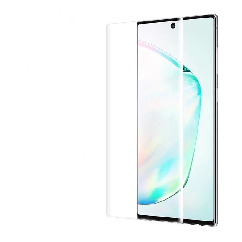 Clear 9eight5 screen protector for Samsung Galaxy Note 10 Plus, showing a protective film covering the device's screen.