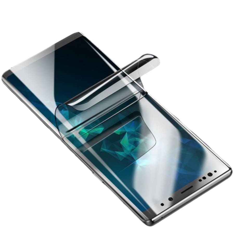Hydrogel screen protector for Samsung Galaxy Note 2 by 9eight5, showing the transparent film fitting over the phone screen.