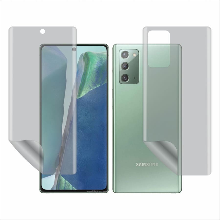 Hydrogel screen protector for Samsung Galaxy Note 20 by 9eight5, showing the 2-in-1 pack with protective film on a device screen.