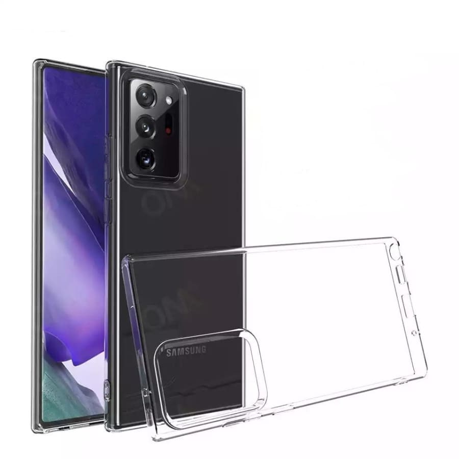 Clear silicone case for Samsung Galaxy Note 20 by 9eight5, showing a snug fit and transparent material protecting the phone.