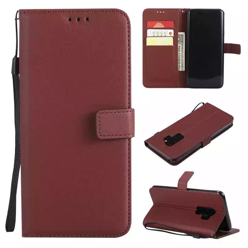 Brown synthetic leather flip case for Samsung Galaxy Note 3 by 9eight5, showing front cover and phone inside.