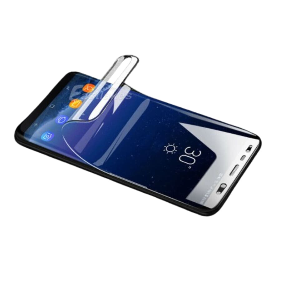 Hydrogel screen protector for Samsung Galaxy Note 3 by 9eight5, showing a close-up of the flexible, transparent film on the device screen.