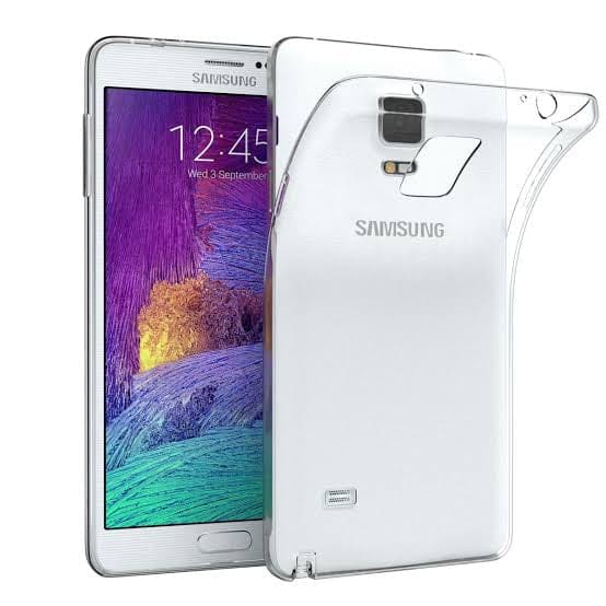 Clear silicone case for Samsung Galaxy Note 4 by 9eight5, showing a transparent protective cover on the phone.