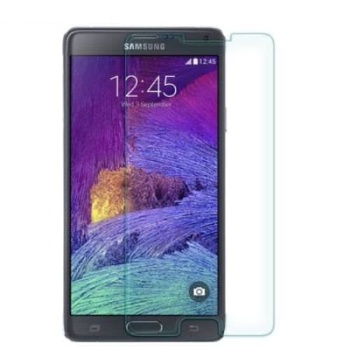 Two 9eight5 screen protectors for Samsung Galaxy Note 4, clear protective layer for screen durability and scratch resistance.
