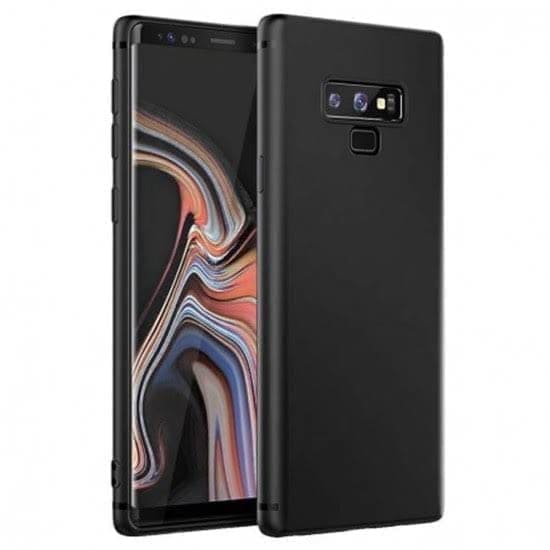 Black silicone case for Samsung Galaxy Note 8 by 9eight5, showing a snug fit and smooth texture on the phone.