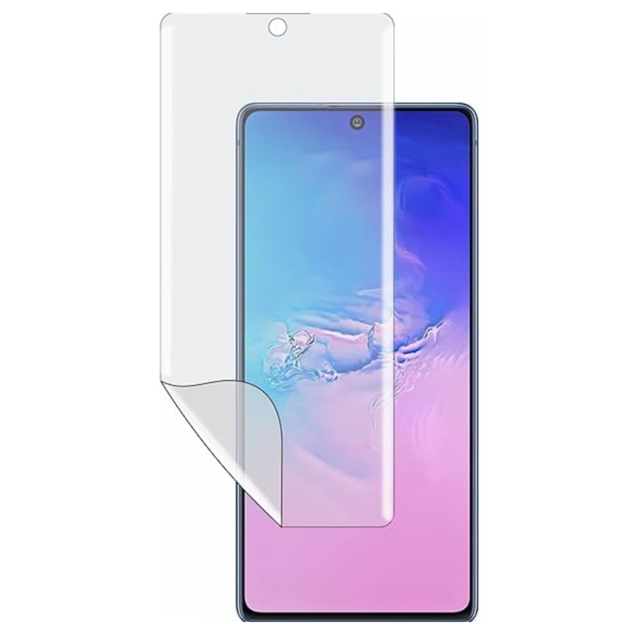 Two 9eight5 hydrogel screen protectors for Samsung Galaxy S10 Lite, 6.7-inch size, shown on the phone screen.