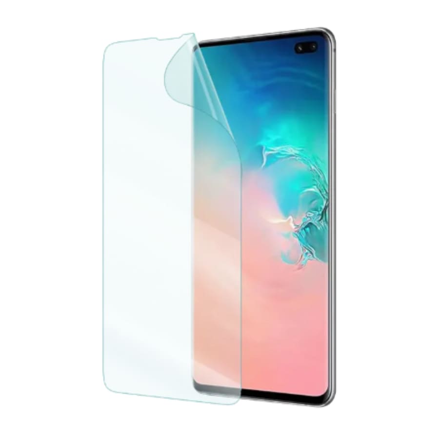 Two 9eight5 hydrogel film screen protectors for Samsung Galaxy S10 Plus, showing clear, flexible protective layers on the device screen.