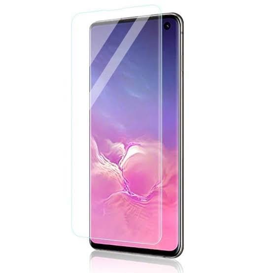 Clear glass screen protector for Samsung Galaxy S10 by 9eight5, showing the front view of the protective film on the phone screen.
