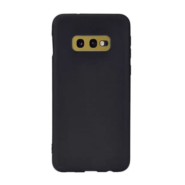 Black silicone phone case for Samsung Galaxy S10e by 9eight5, showing smooth, flexible material and precise cutouts.