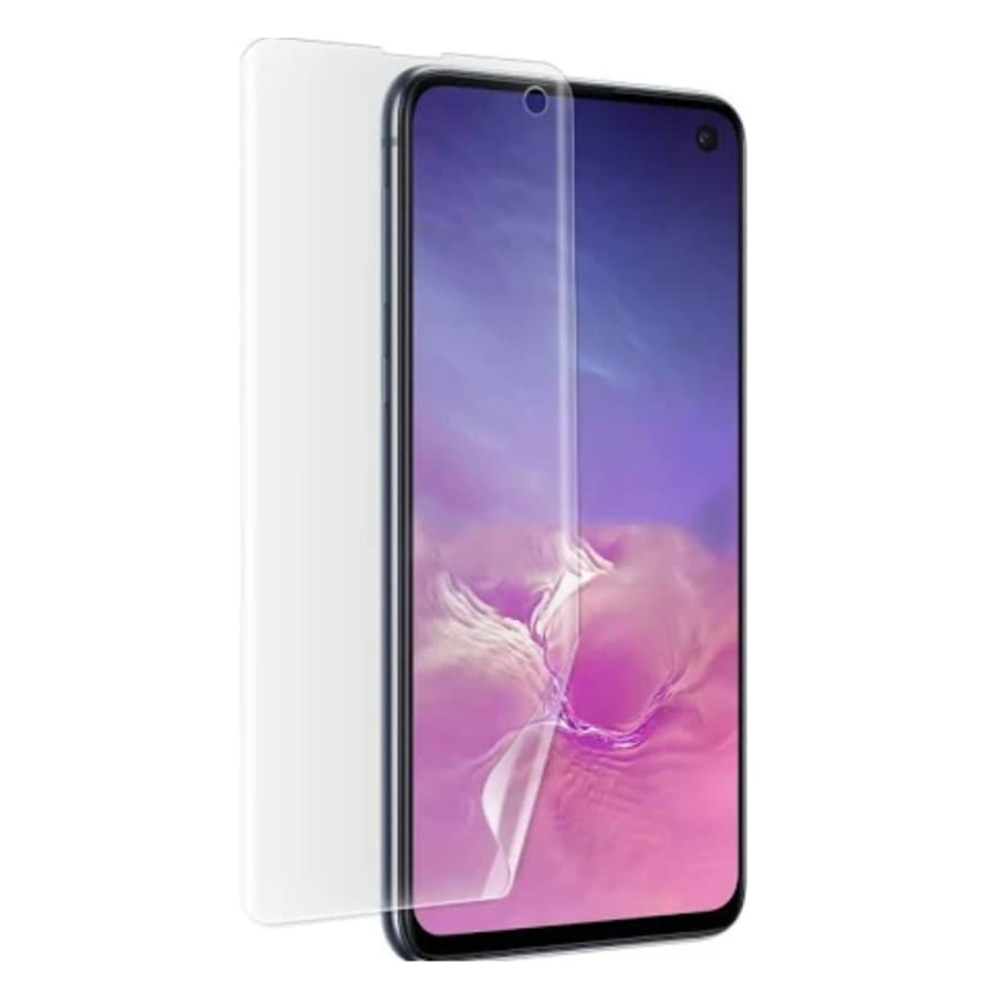 Hydrogel film screen protector for Samsung Galaxy S10e by 9eight5, showing a clear, flexible protective layer on the phone screen.