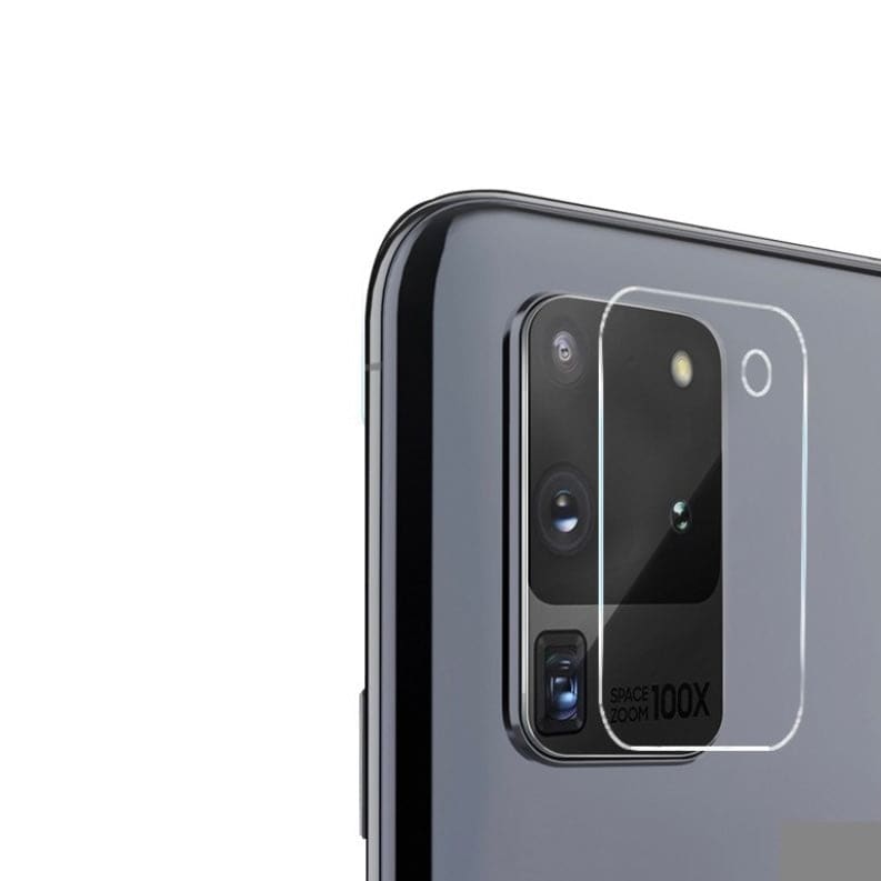Two 9eight5 camera screen protectors for Samsung Galaxy S20 FE, showing clear, protective film over the camera lenses in a pack of two.