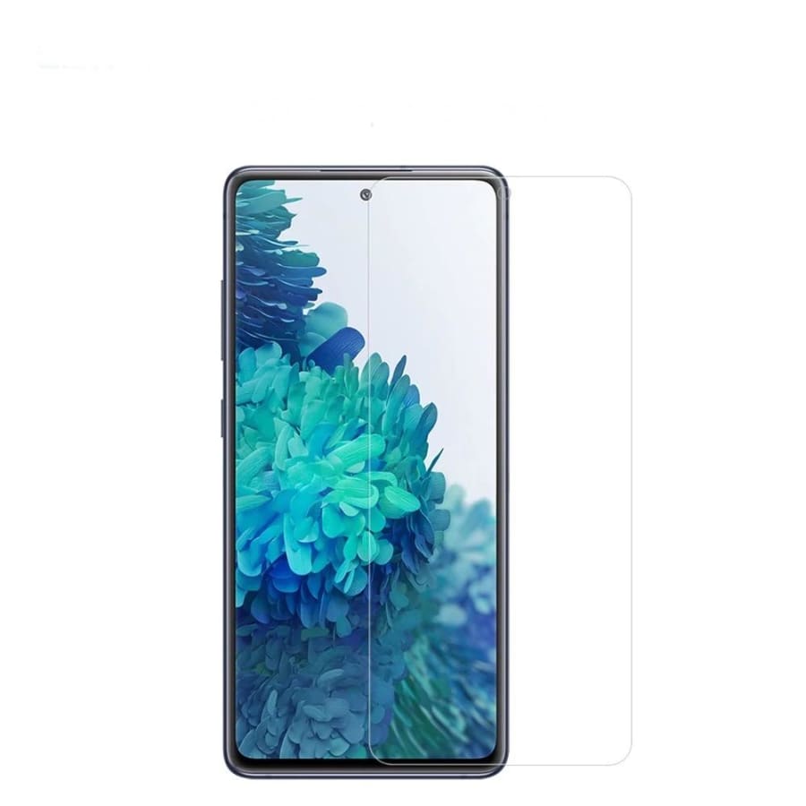 9eight5 Samsung Galaxy S20 FE screen protector with a delicate azure flower petal design on clear tempered glass.