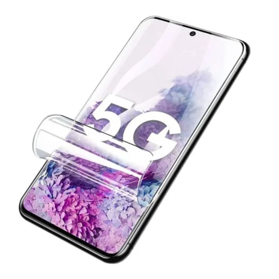 Two 9eight5 hydrogel film screen protectors for Samsung Galaxy S20 Plus, showing clear, flexible protection for the phone screen.