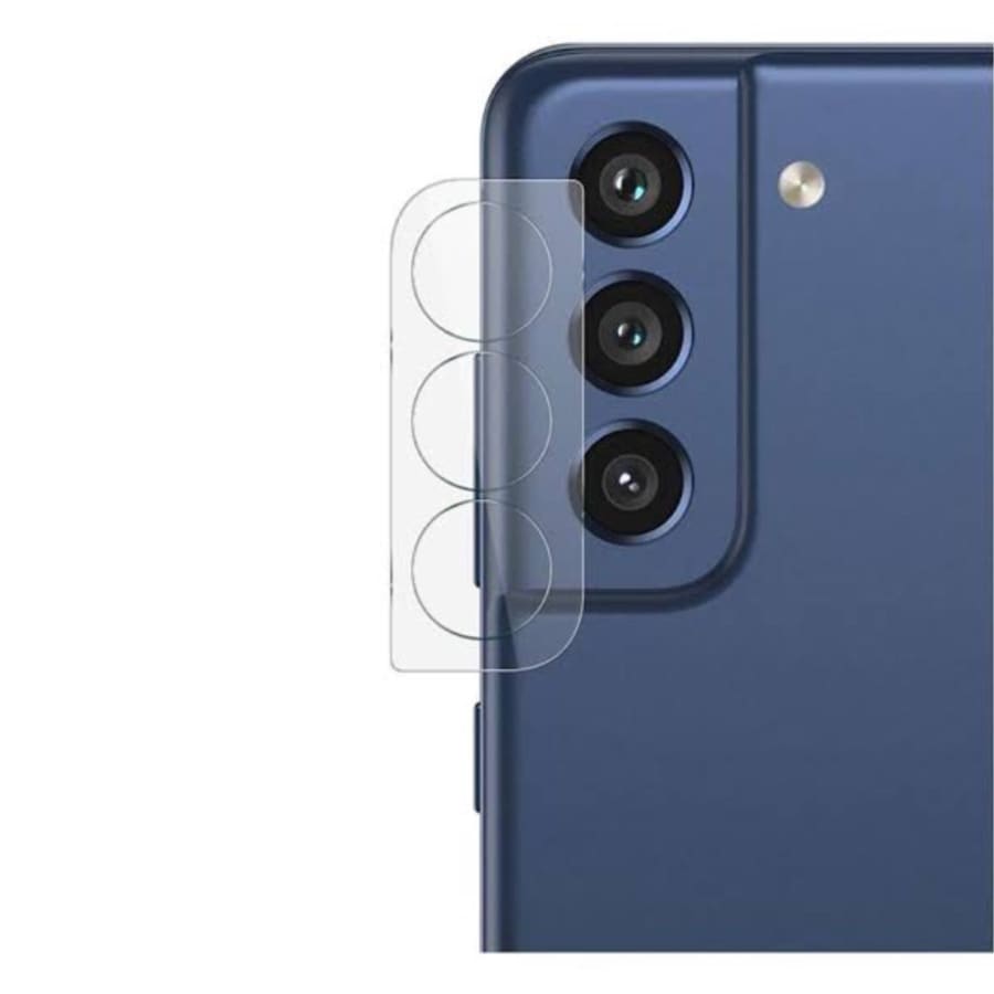 Two 9eight5 camera glass screen protectors for Samsung Galaxy S21 FE, showcasing clear, durable protective layers for camera lenses.