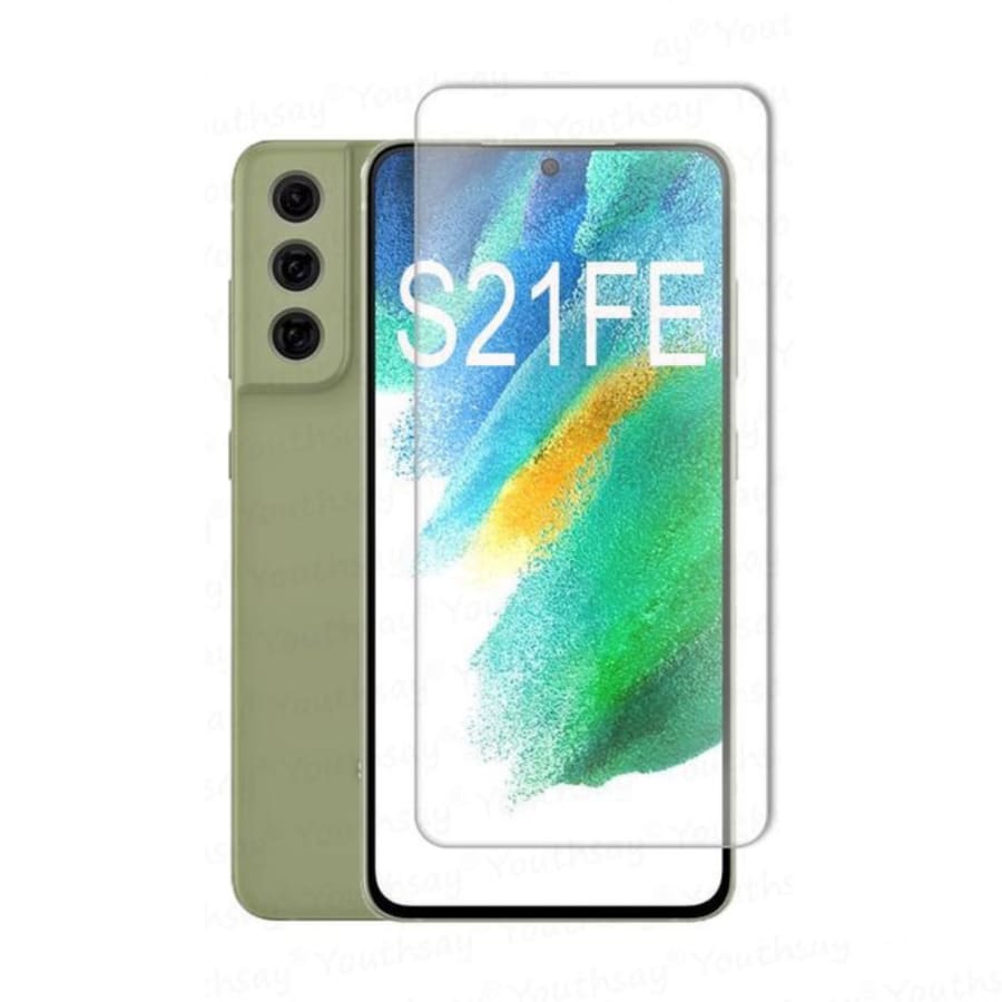 Samsung Galaxy S21 FE screen protector by 9eight5, clear tempered glass protecting the phone’s display.