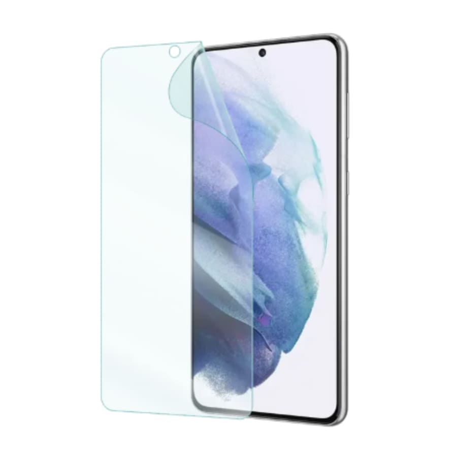 Hydrogel film screen protectors for Samsung Galaxy S21, pack of 2, by 9eight5, showing the flexible, transparent protectors on the device