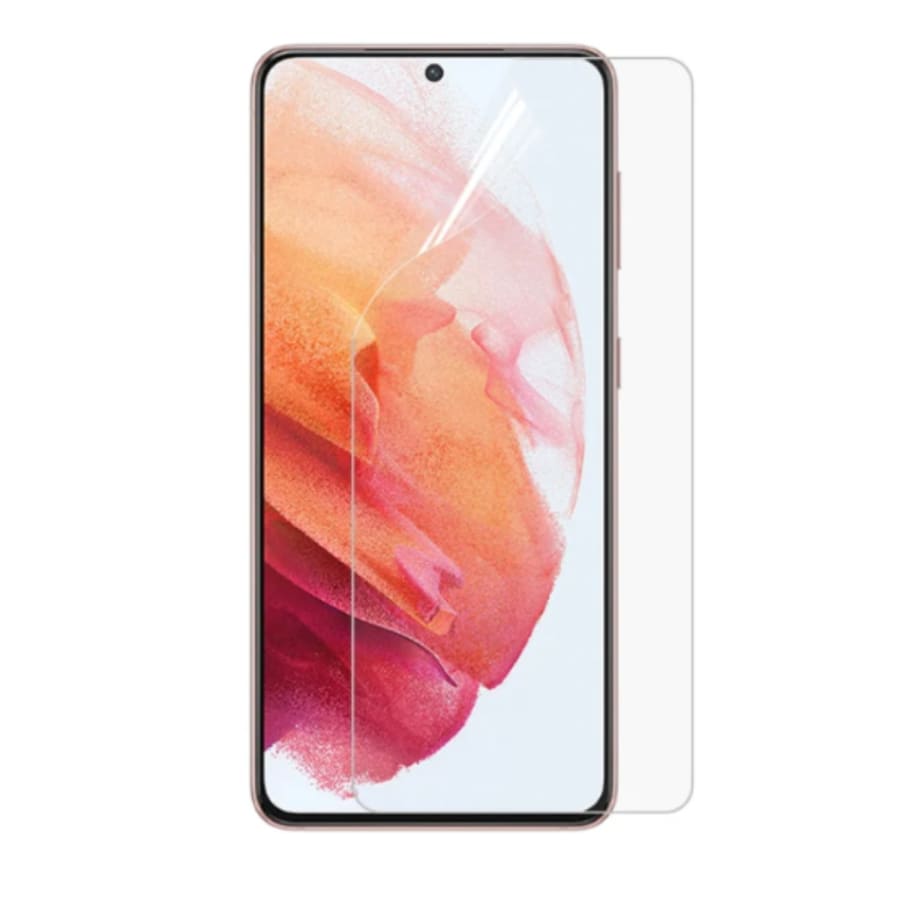 Two 9eight5 hydrogel film screen protectors for Samsung Galaxy S21 Plus, showing clear, flexible protection for the phone screen.