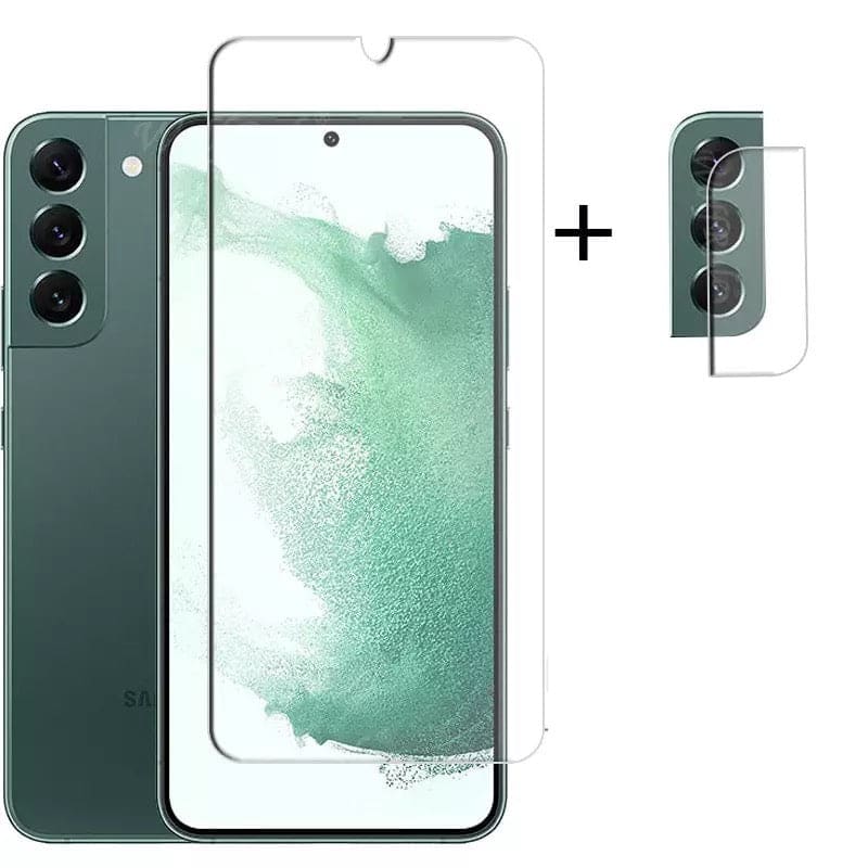 9eight5 2-in-1 screen protector for Samsung Galaxy S22, showing clear, durable protection with precise fit on the device.