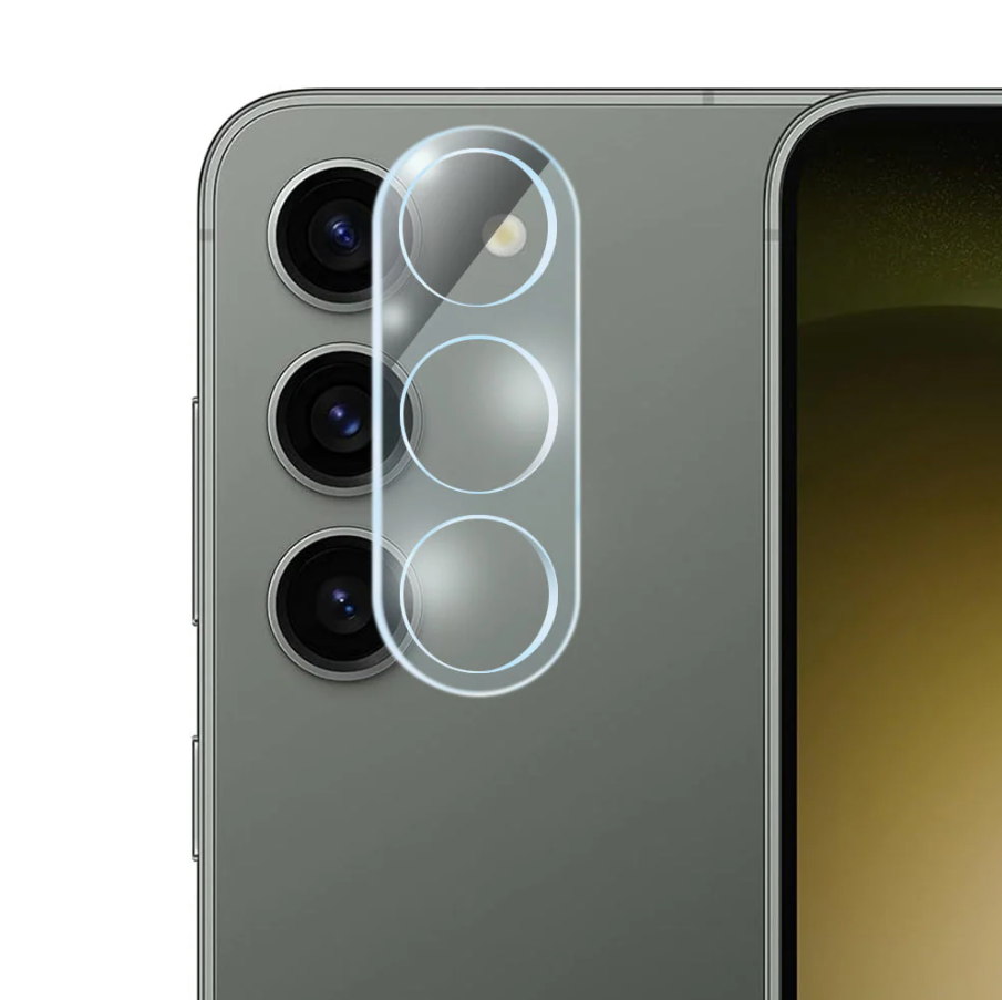 Samsung Galaxy S23 mobile phone camera lens shield protector by TechPlus, clear glass cover for camera lens protection.