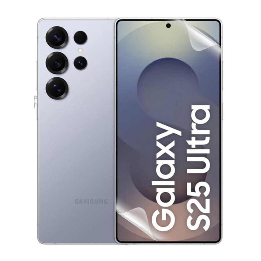 Clear hydrogel film screen protector for Samsung Galaxy S25 Ultra by 9eight5, showing how it fits and covers the phone screen.