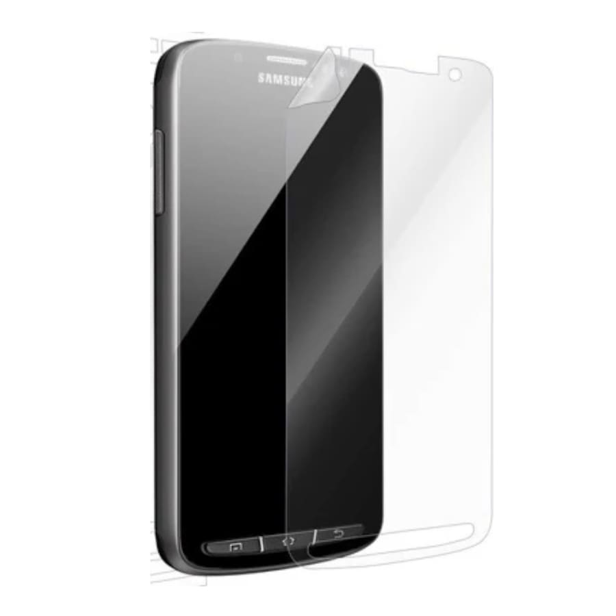 Two 9eight5 hydrogel screen protectors for Samsung Galaxy S4 mini, showing clear, flexible protectors fitting the phone screen.