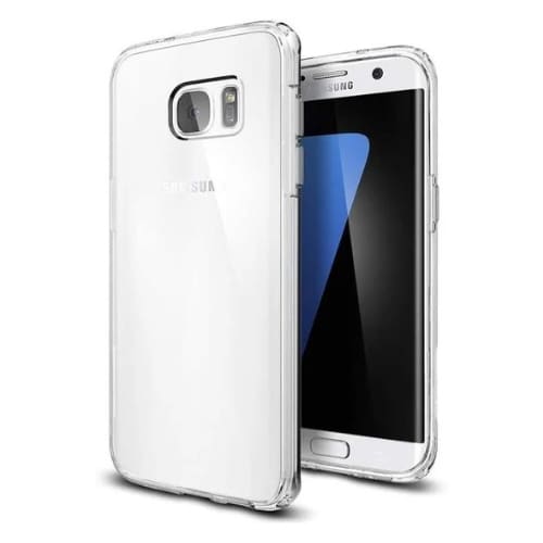 Clear phone case for Samsung Galaxy S7 by 9eight5 showing a transparent protective cover with precise cutouts for buttons and ports.